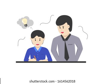 Man or teacher guides a boy or his student. Education, guidance, training, learning concept. Flat cartoon vector illustration.