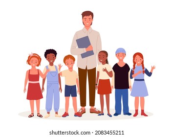 Man teacher and joyful school children standing together vector illustration. Cartoon young male teacher, coach or tutor character and group of happy pupils smiling. Knowledge, pedagogy concept