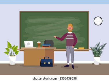 man teacher with laptop education in the classroom