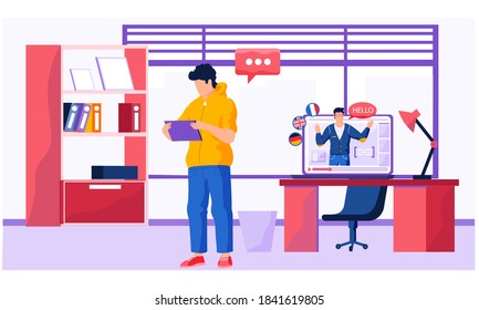Man teacher leads a lesson, conducts a distance class for a male student standing in room. Online Internet language courses flat vector illustration. Foreign speech study at home using computer