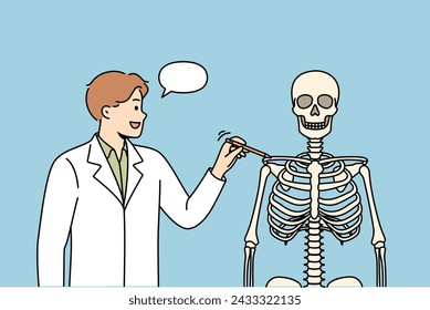 Man teacher at medical college, talks about structure of human skeleton, and teaches future doctors to treat people. Guy student at medical university, taking anatomy exam to gain access to patients.