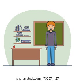 man teacher on classroom with wooden shelf with books and chalkboard vector illustration