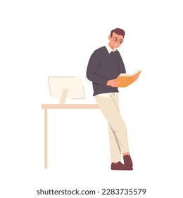 Man teacher reading book standing nearby classroom desk table vector illustration isolated on white