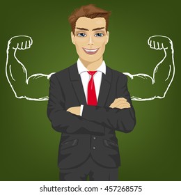 Man teacher, salesman or businessman with chalk healthy strong arm muscles for success