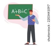 Man Teacher Stand at Blackboard Explain Mathematics to Students Isolated on White Background. Handsome Tutor Male Character Wear Formal Clothes at Chalkboard. Cartoon People Vector Illustration