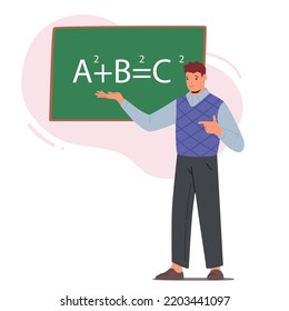 Man Teacher Stand at Blackboard Explain Mathematics to Students Isolated on White Background. Handsome Tutor Male Character Wear Formal Clothes at Chalkboard. Cartoon People Vector Illustration