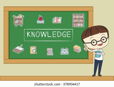 man teacher standing with set of education icon on the blackboard 