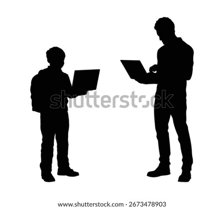 Man teacher teaching boy student using laptop isolated black silhouette on white background.	