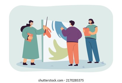 Man with teachers looking at painting flat vector illustration. Art lesson at school. Education, knowledge, creativity concept for banner, website design or landing web page