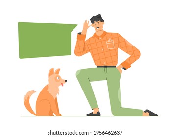 The man teaches the dog commands. Pet training. Correction of animal behavior. Shaggy four-legged friend. Vector flat illustration.