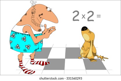 The man teaches his dog about math. Cartoons