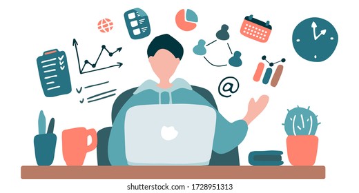 Man teaches online. Blogger is streaming. Guy training online. Online university, video conference, remote work, e-learning concept. Hand drawn flat vector illustration