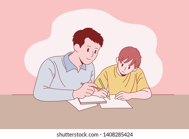 A man is teaching a boy to study. hand drawn style vector design illustrations. 