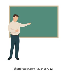 A man teaching in the class. A man pointing at a chalkboard. Male lecturer. Education illustration.