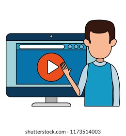man teaching with computer and media player