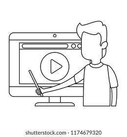 man teaching with computer and media player