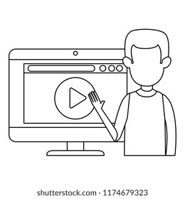 man teaching with computer and media player