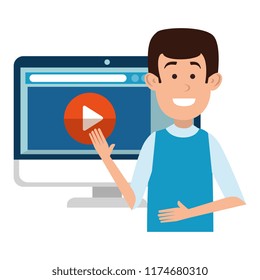 man teaching with computer and media player