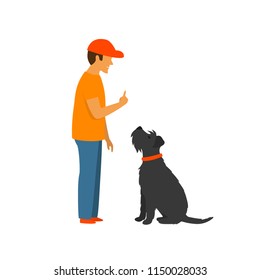 Man Teaching A Dog To Stay And Sit , Basic Commands Obedience Training Vector Illustration Scene