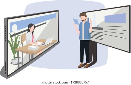 Un hombre enseñando su voz estudiantil a través de la ilustración en línea