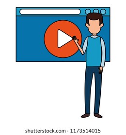 man teaching with media player display