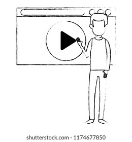 man teaching with media player display