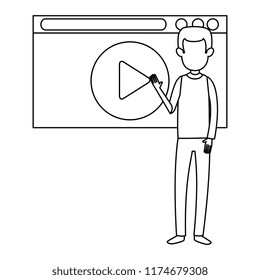 man teaching with media player display