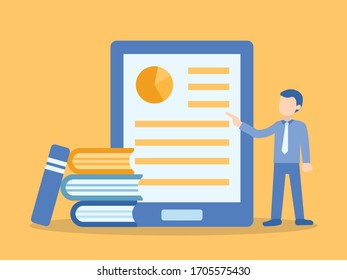 Man teaching online course on tablet. Illustration about E-learning and Online course.