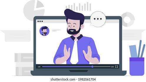 Man teaching online flat design illustration, Online education, homeschooling concept, Learn from home, safe learning, covid learning, live session, technology in education, recorded session 