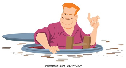 Man is teaching from open sewer hatch. Funny people. Illustration concept template for website, web landing page, banner, presentation, social, poster, promotion or print media.