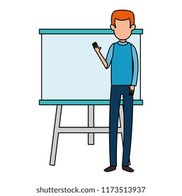 man teaching with paperboard character