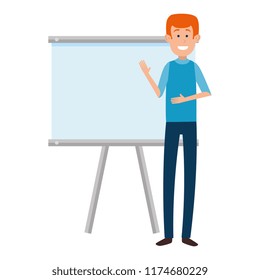man teaching with paperboard character