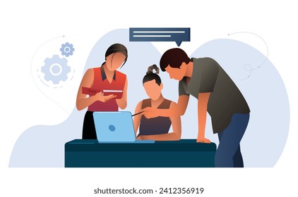 Man teaching woman while pointing on laptop screen in office. vector illustration isolated on white background.