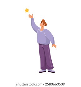 Man Team Member Character Reach Hand for Star Vector Illustration