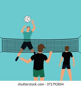 man team play volley ball in court with net jumping smashing defense sport