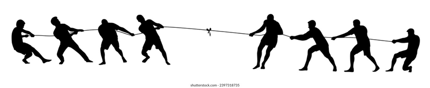 Man team pulling a rope in tug of war silhouette, concept of compete, teamwork, Teams Playing Tug Of War	