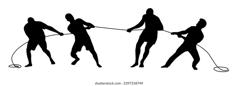 Man team pulling a rope in tug of war silhouette, concept of compete, teamwork, Teams Playing Tug Of War	