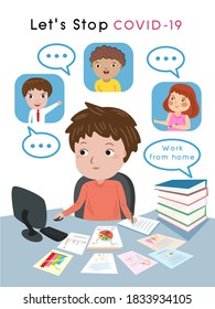 man and team working online on laptop computer,new normal,work form home,stop coid-19,vector illustration