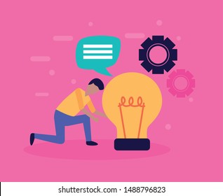 man teamwork bulb idea gears vector illustration