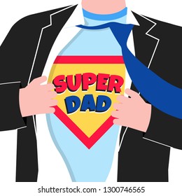 Man tear his shirt and comic style words SUPER DAD on t-shirt flat style design vector illustration isolated on white background. Male man in business suit, tie and t-shirt. Concept of super father.