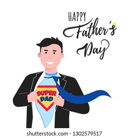 Man tear his shirt and comic style words SUPER DAD on t-shirt flat style design vector illustration isolated on white background. Male man in business suit, tie and t-shirt. Happy fathers day.
