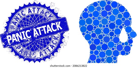 Man tear vector collage of circle dots in variable sizes and blue color tones, and grunge Panic Attack stamp seal. Blue round sharp rosette stamp seal has Panic Attack caption inside it.