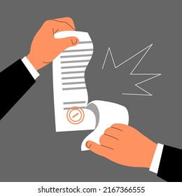 Man tearing up a paper business document contract. Employment agreement, inheritance, testament. Cancellation, rescission and anger. Flat vector isolated illustration