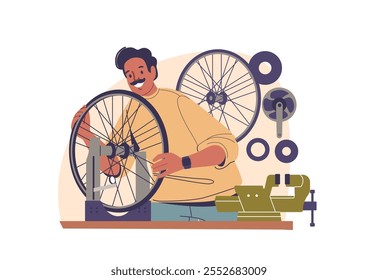 Homem técnico personagem de desenho animado reparando roda de bicicleta na oficina garagem vetor ilustração