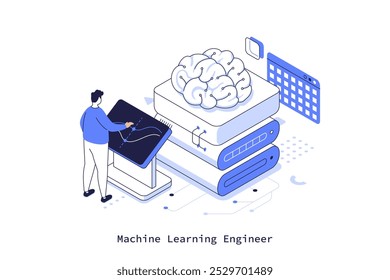 Man technician researches computer brain with virtual technology. Machine learning engineer concept isometric vector illustration. Automatic algorithms programming cartoon character composition