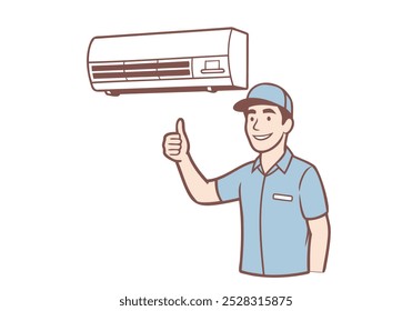 homem técnico mostrando polegar acima instalando condicionador dentro de casa. Ilustrações de design de vetor de estilo desenhado à mão.