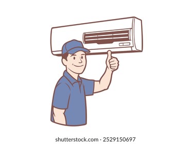 homem técnico mostrando polegar acima instalando condicionador dentro de casa. Ilustrações de design de vetor de estilo desenhado à mão.