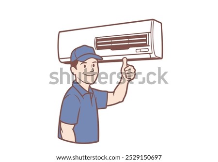 man technician showing thumb up installing conditioner indoors. Hand drawn style vector design illustrations.