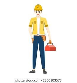 Man technician standing in an upright position wearing a mechanic's uniform, hat and safety shoes along with holding a toolbox. male teenager standing with a happy smiling. Vector illustration cartoon