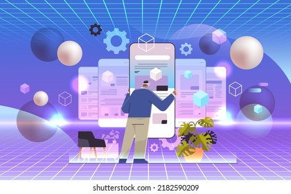 man technician in virtual reality glasses repairing mobile application setting option adjusting on smartphone screen software development - Powered by Shutterstock - Get 15% off with code: PIKWIZARD15